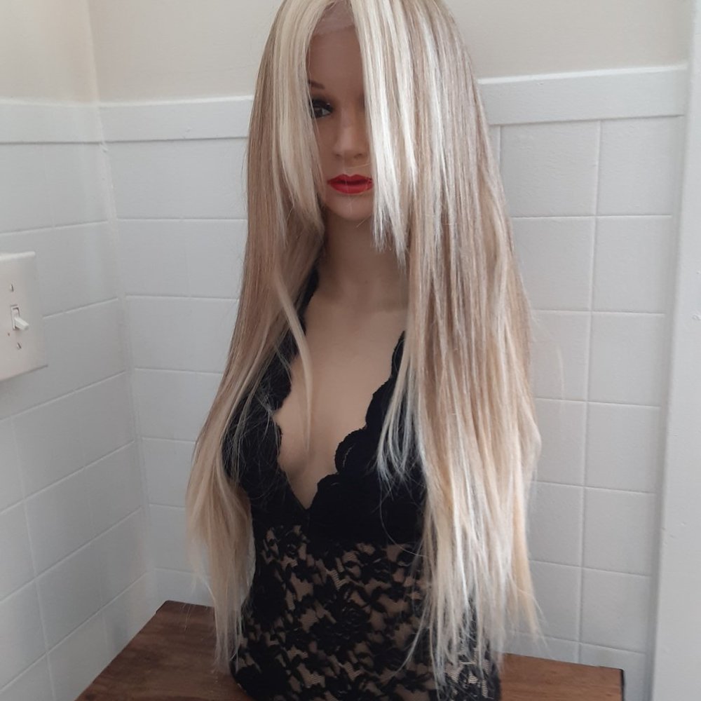 Blonde and ash blonde mix lace front wig straight  money piece hair highlights, - Picture 3 of 11
